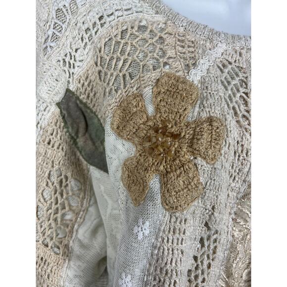 Vintage Crochet Floral Beaded Wearable Art Beige Earth Tones Sweater Medium - Picture 4 of 8